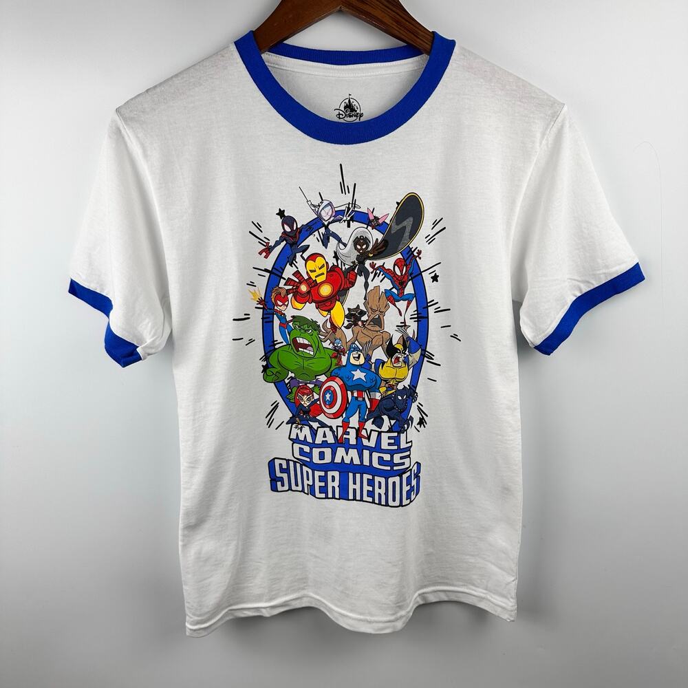 NWOT Disney Parks Marvel Comics Super Heroes Ringer Tee Shirt Junior Small